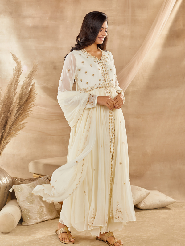 Ivory Georgette Fabric With Cutdana Moti and Sequin Work Anarkali Suit