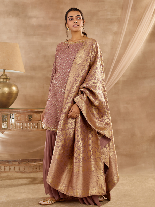 Peach Upada Silk Fabric Cutdana And Moti Work With Brocade Dupatta Sharara Set 