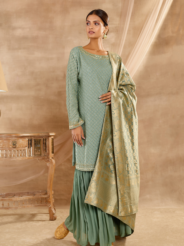 Green Upada Silk Fabric Cutdana And Moti Work With Brocade Dupatta Sharara Set 