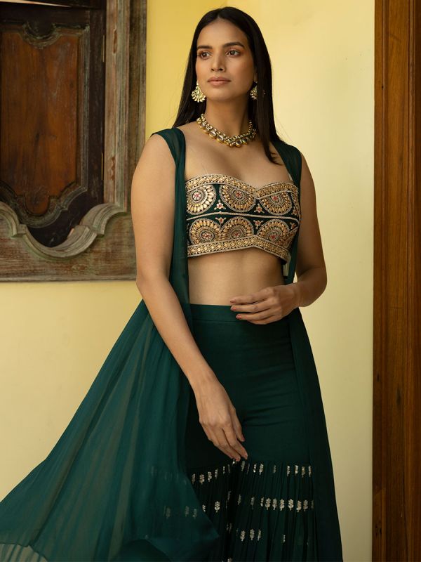 Emerald Green Embroidered Bustier With Sharara And Cepe
