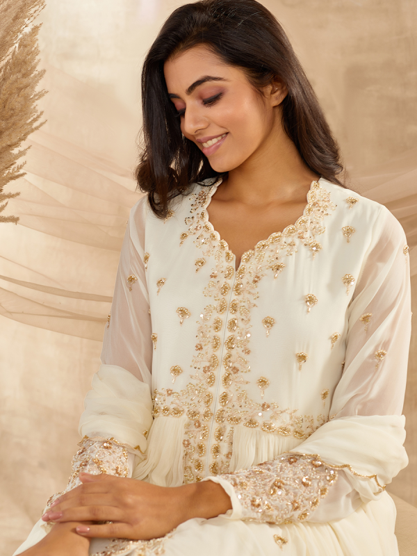Ivory Georgette Fabric With Cutdana Moti and Sequin Work Anarkali Suit