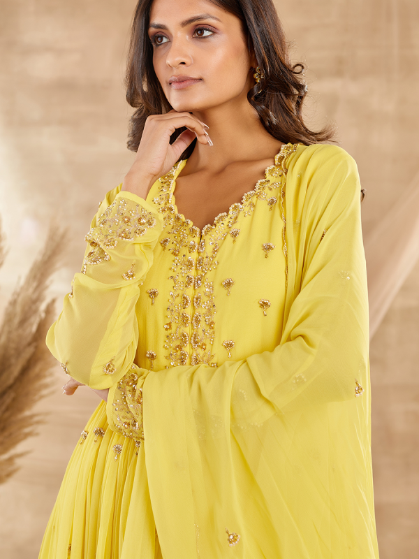 Yellow Georgette Fabric With Cutdana Moti and Sequin Work Anarkali Suit