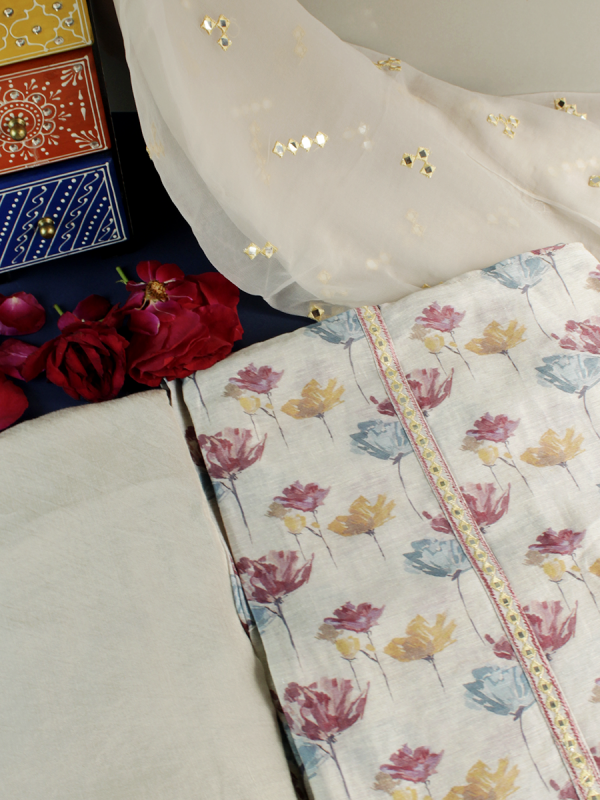 Off White Flower Print Pure Chanderi Linen Unstitched Salwar Suit