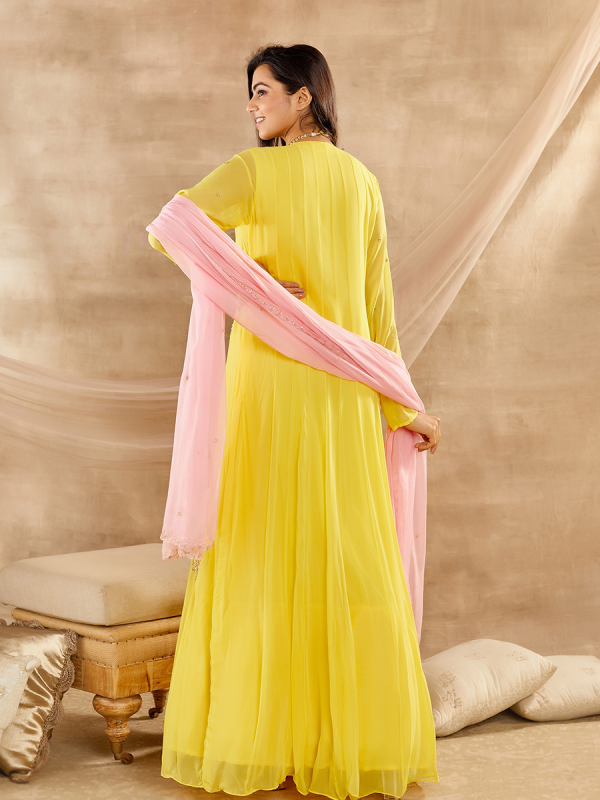 Corn Yellow Georgette Fabric With Cutdana And Moti Hand Work Emroidered Anarkali Set