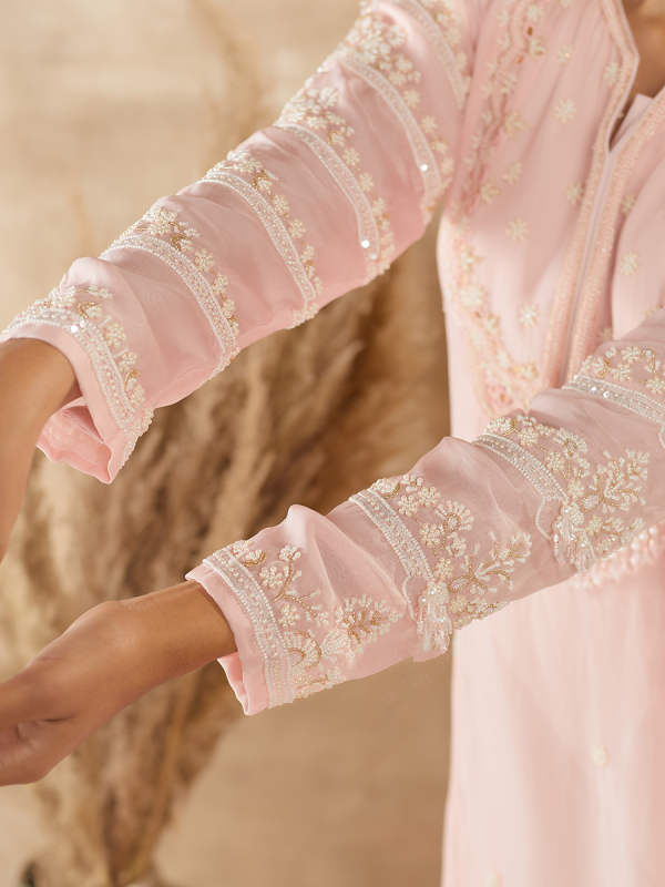 Baby Pink Organza Fabric With Cutdana And Moti Work Anarkali Set.