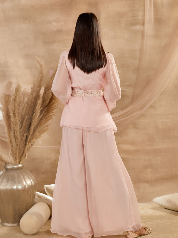 Pink Organza Fabric Emroidered With Cutdana And Moti Work Palazzo Set