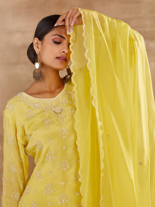 Lemon Yellow Chinon Fabric With Moti And Cutdana Work Sharara Set