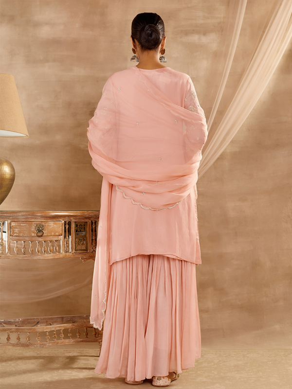 Peach Chinon Fabric With Moti And Cutdana Work Sharara Set