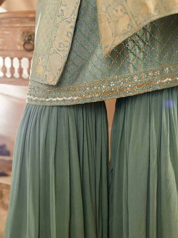 Green Upada Silk Fabric Cutdana And Moti Work With Brocade Dupatta Sharara Set 