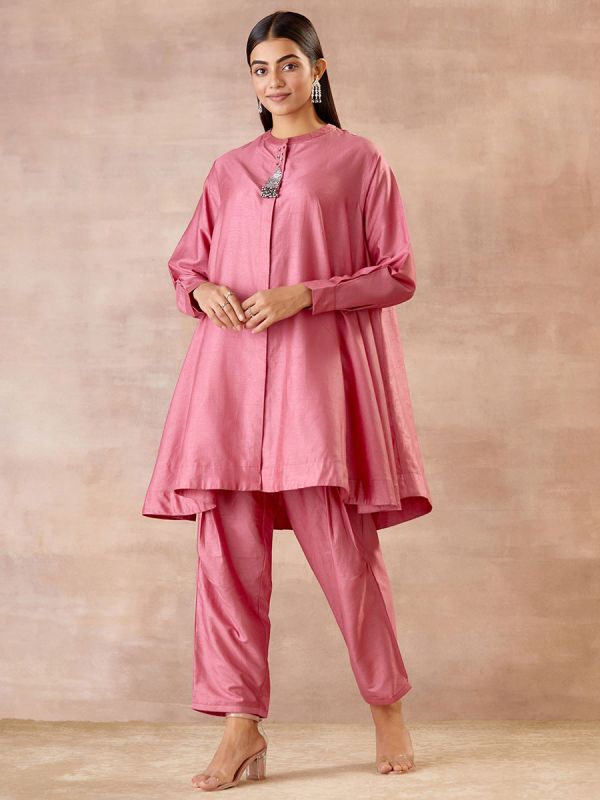 French Rose Cord Set With Asymmetrical Hem With Front Placket