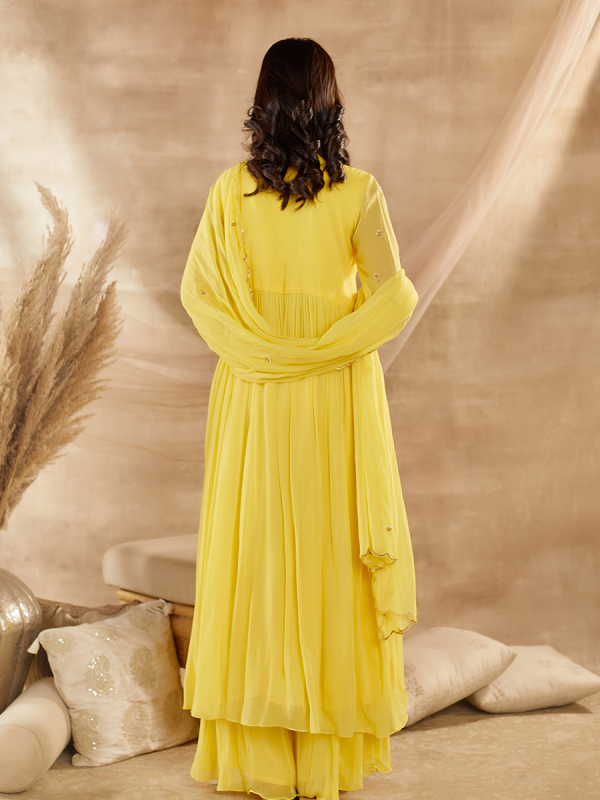 Yellow Georgette Fabric With Cutdana Moti and Sequin Work Anarkali Suit
