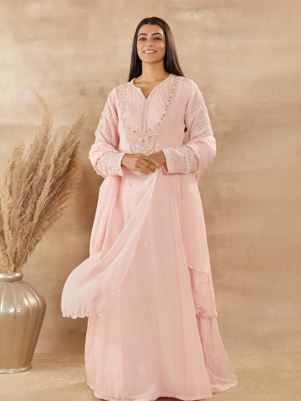 Baby Pink Organza Fabric With Cutdana And Moti Work Anarkali Set.