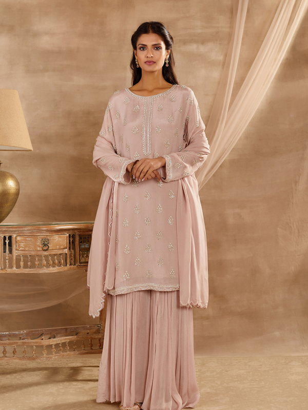 Peach Georgette Fabric With Sequin And Cutdana Work sharara set 