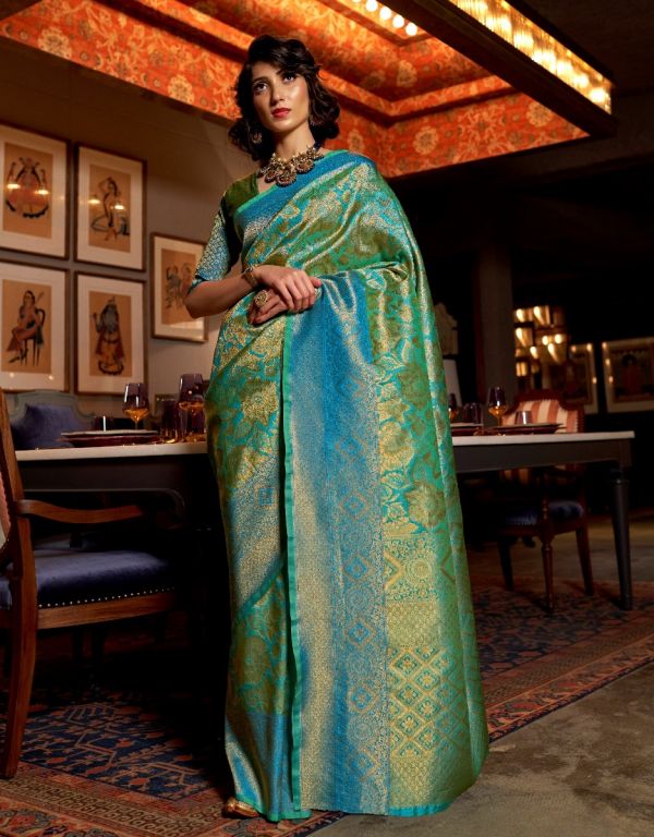 Peacock Blue And Green Two Tone Art Silk saree