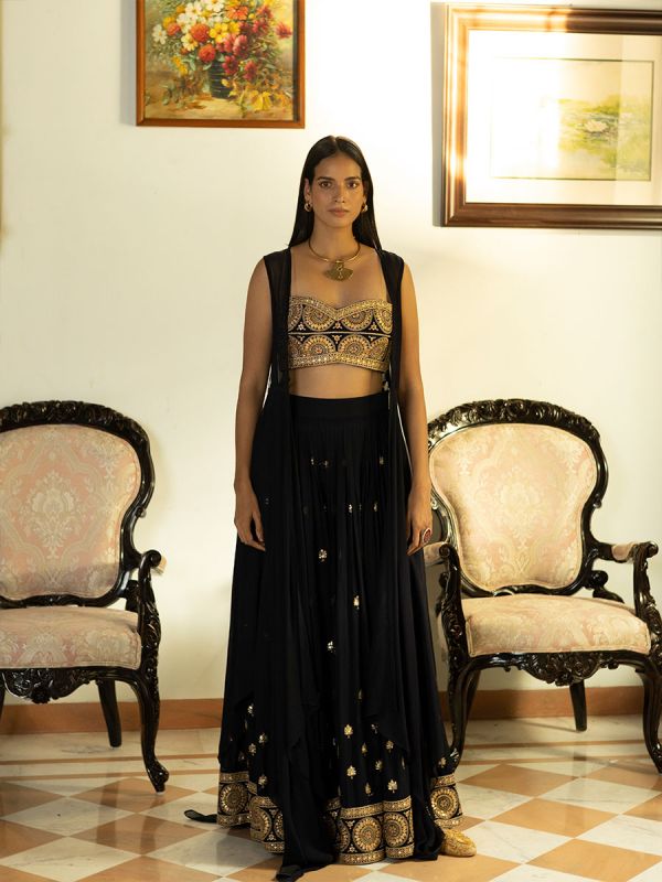 Midnight Blue Embroidered Bustier With Sharara And Cepe