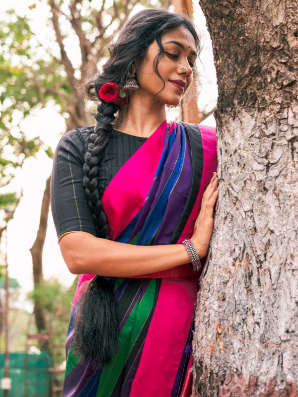 Multi Colour Stripe Pattern Kanjivaram Silk Saree