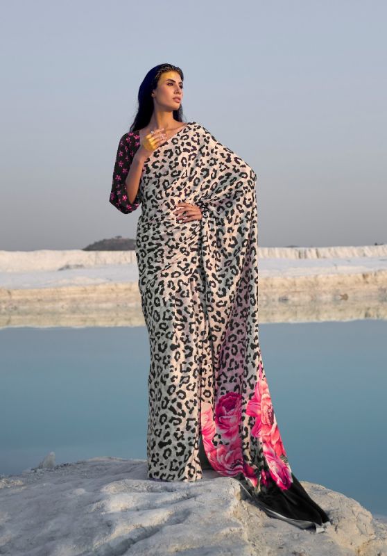 Cheetah And Rose Digital Print Satin Saree