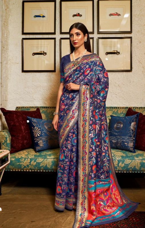 Blue with Floral Kashmiri Modal Handloom Weaving Saree