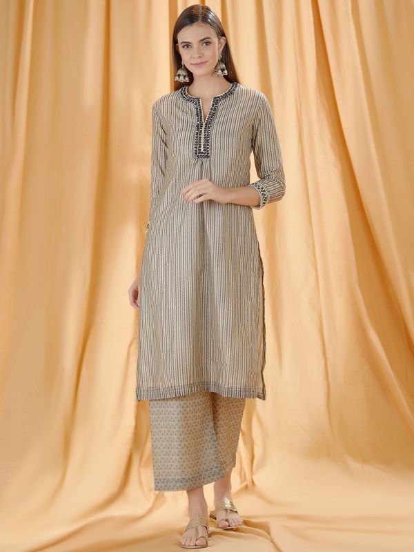 Vertical Printed Lines Kurta Set With Palazzo Pants With Mirror Embroidery