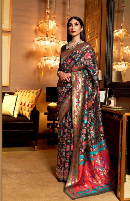 Black with Floral Kashmiri Modal Handloom Weaving Saree
