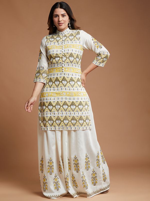 Off White With Grey Printed Cotton Fabric Short Kurti With Printed Skirt 