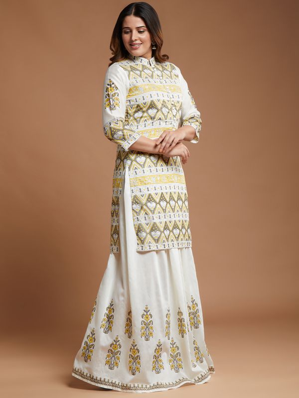 Off White With Grey Printed Cotton Fabric Short Kurti With Printed Skirt 
