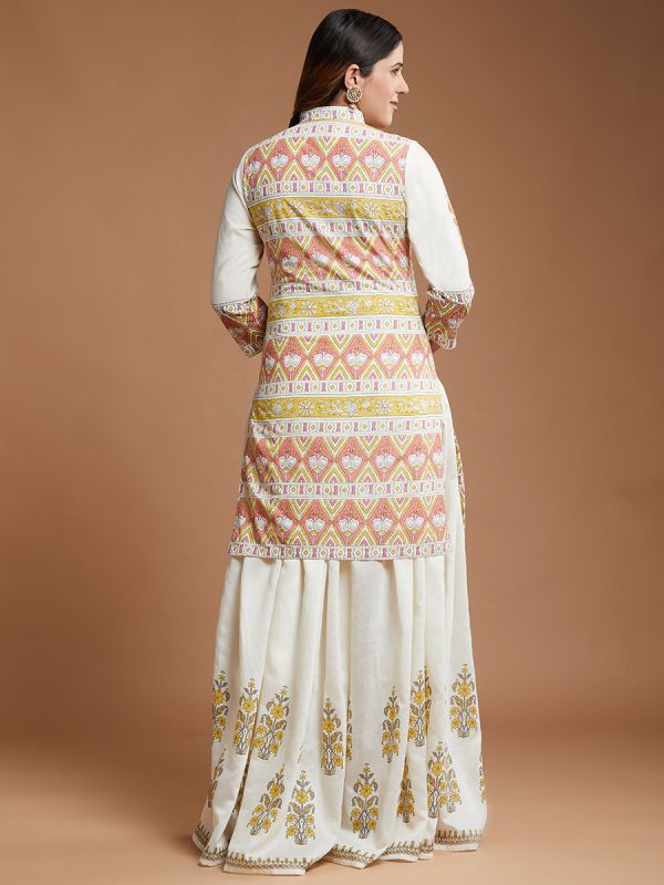Off White With Pink Printed Cotton Fabric Short Kurti With Printed Skirt 