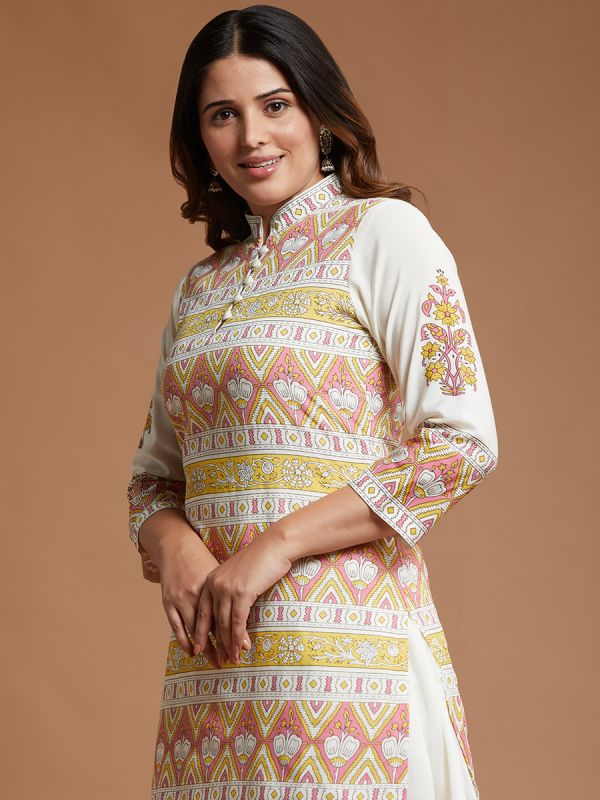 Off White With Pink Printed Cotton Fabric Short Kurti With Printed Skirt 
