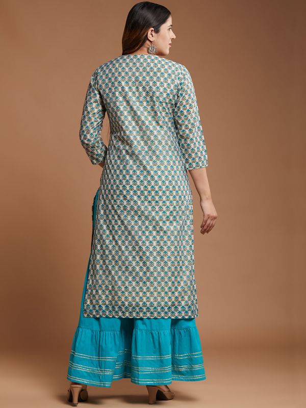 White & Blue Chanderi Fabric Printed Salwar Sharara Suit With Printed Dupatta 