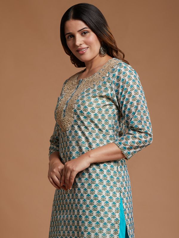 White & Blue Chanderi Fabric Printed Salwar Sharara Suit With Printed Dupatta 