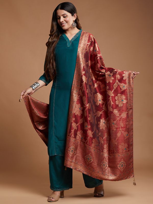 Peacock Blue Muslin Silk Fabric With Heavy Banarasi Silk Dupatta Salwar Suit 