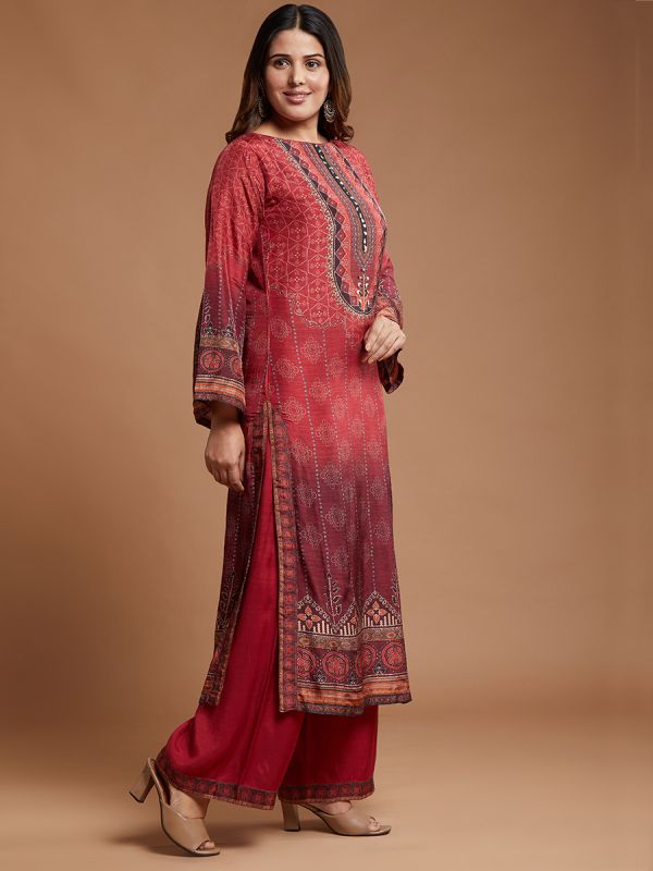 Red Chinon Crepe Fabric Digital Print Salwar Suit With Printed Dupatta 