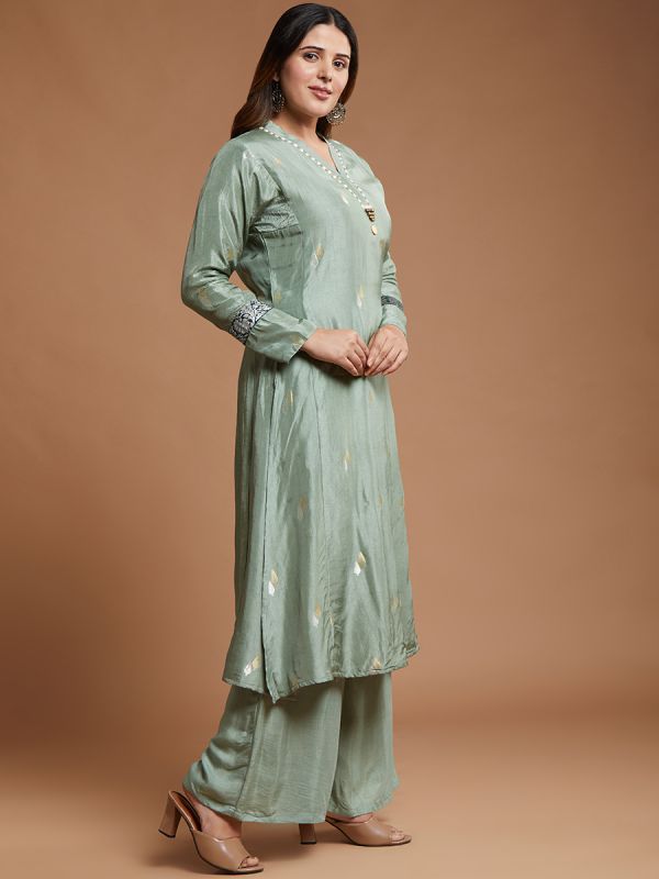 Metalic Mint Green Banarasi Silk Fabric Salwar Suit With Fancy Dupatta 