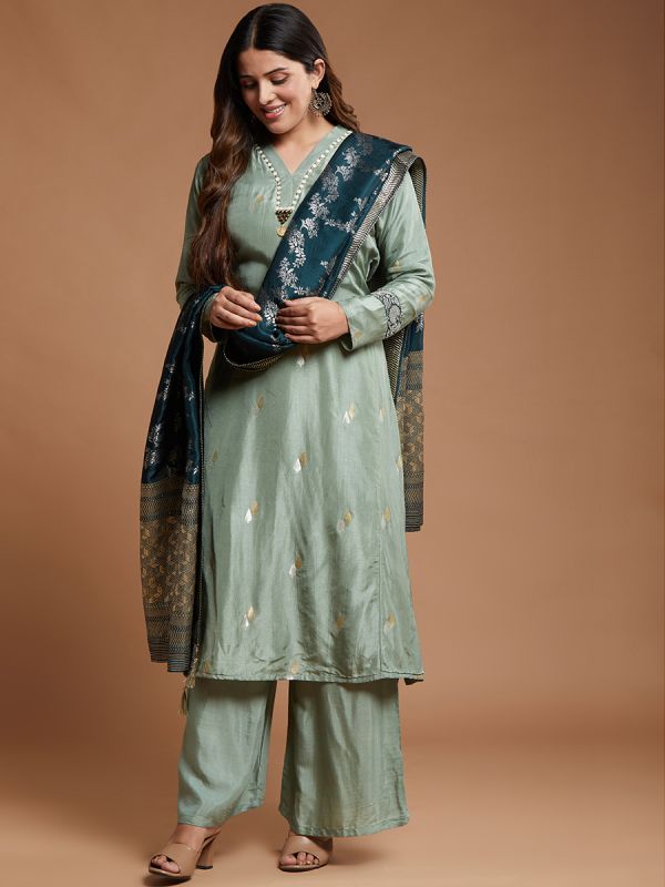 Metalic Mint Green Banarasi Silk Fabric Salwar Suit With Fancy Dupatta 