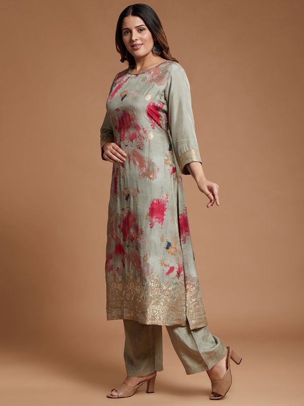 Grey Upada Silk Fabric Partyware Salwar Suit With Digital Printed Dupatta 