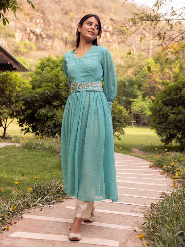Aqua Georgette Fabric  With Embroidered Belt Salwar Suit