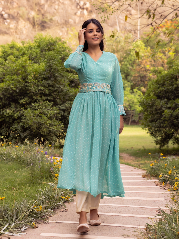 Aqua Georgette Fabric  With Embroidered Belt Salwar Suit
