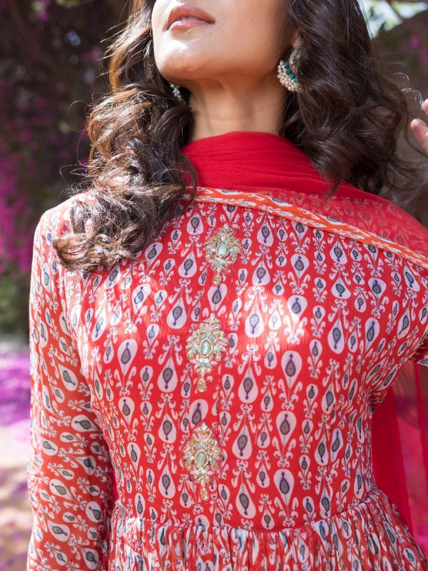 Drop Printed Full Sleeves Sharara Suit Set with Front Embellishment