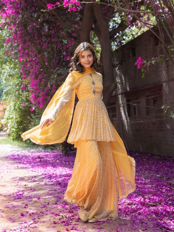Drop Printed Sunflower Yellow Full Sleeves Sharara Suit Set with Front Embellishment