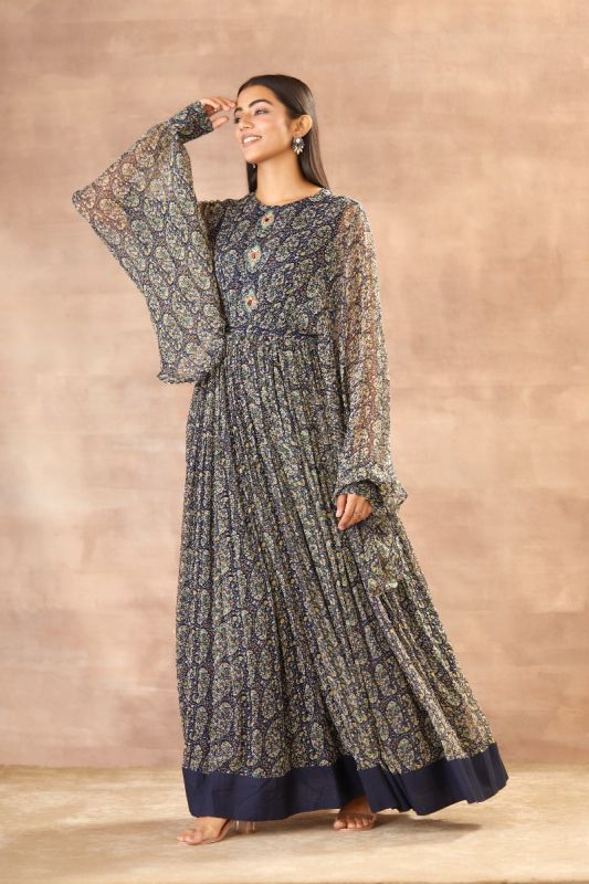Drop Printed Navy Blue Maxi Dress With Bishop Sleeve and Embellished Belt