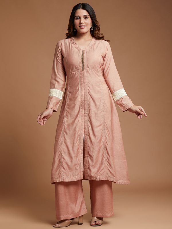 Light Carrot Peach Chanderi Silk Fabric Salwar Suit With Heavy Dupatta 