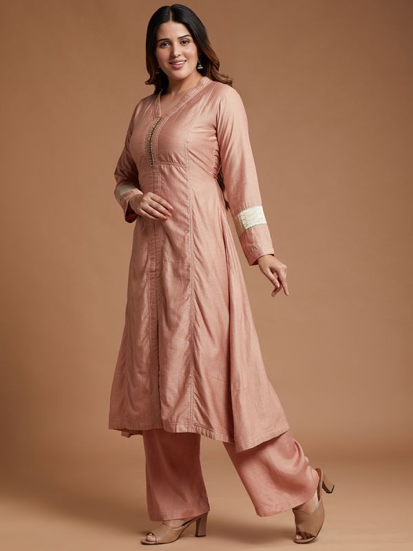 Light Carrot Peach Chanderi Silk Fabric Salwar Suit With Heavy Dupatta 