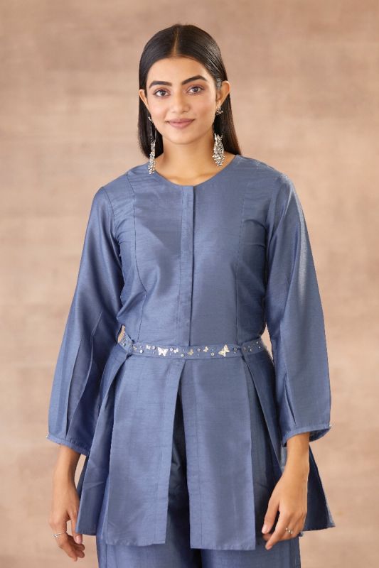 Space Blue Cord Set With Embellished Belt And Pleated Kurta 