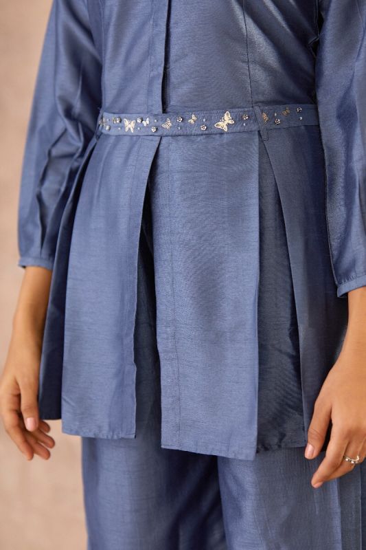 Space Blue Cord Set With Embellished Belt And Pleated Kurta 