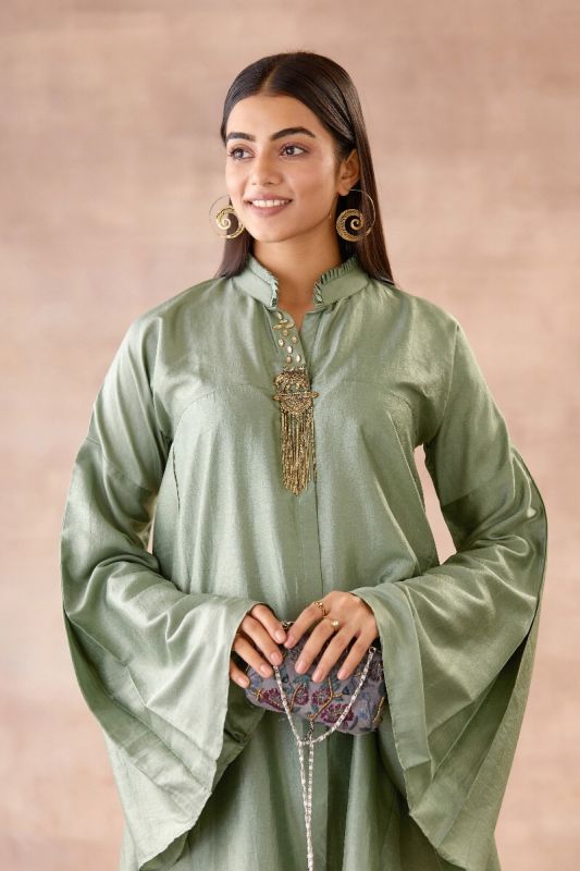 Metallic Green Cord Set with Flared Sleeves and Pants 