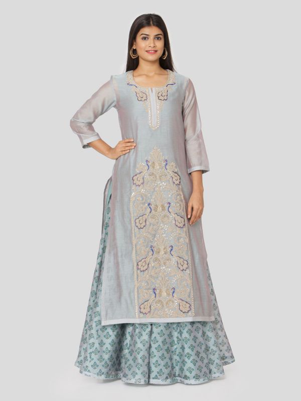 Steel Blue Block Printed Chanderi Jacket With Hand Embroidery & Plain Skirt With Tassels