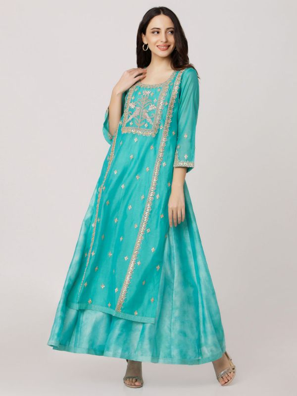 Green Colour Pure Chanderi Hand Embroidered Long Kurti With Tie & Dye Inner