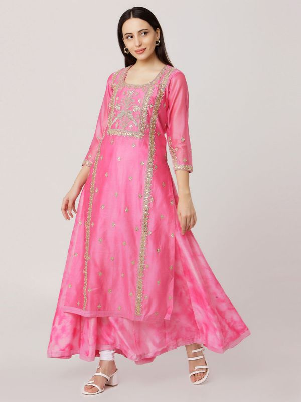 Pink Colour Pure Chanderi Hand Embroidered Long Kurti With Tie & Dye Inner