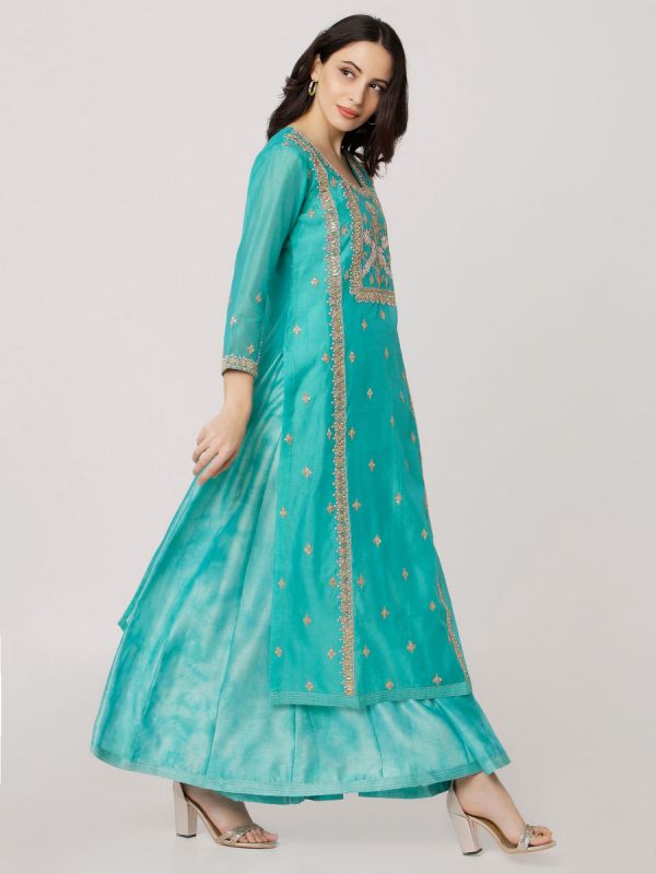 Green Colour Pure Chanderi Hand Embroidered Long Kurti With Tie & Dye Inner