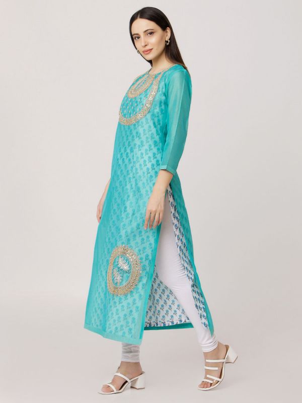 Blue Colour Pure Chanderi Stright Kurti With Printed Inner